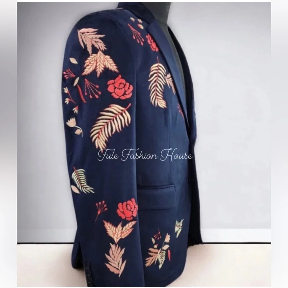 ASOS Men 2pc Blue Velvet Suit Personalized Floral Embroidered Lapel Designer - Picture 16 of 16